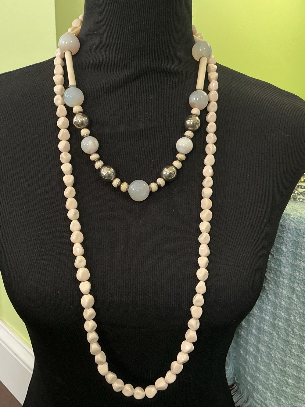 2-Piece Set  Trifari Beaded Necklace Beige and Silver Bead Necklace